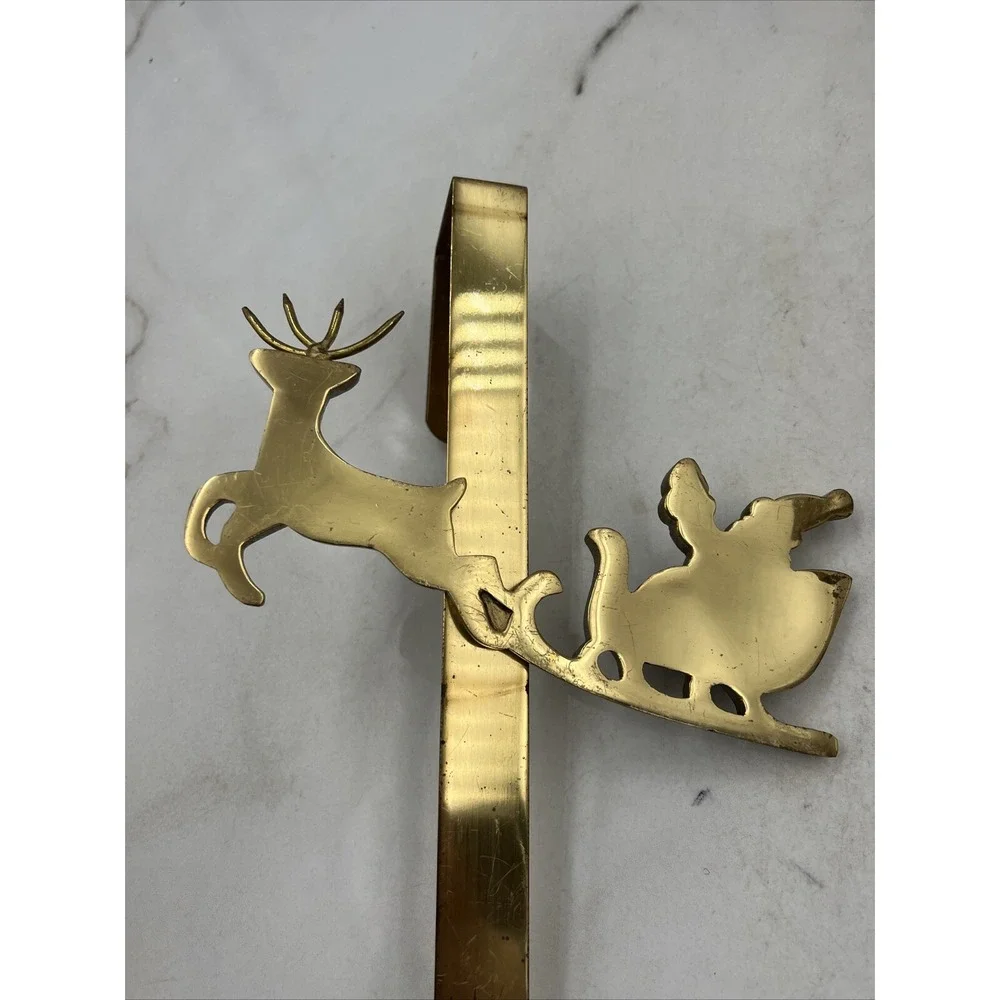 VTG Brass WREATH Hanger Over Door Reindeer Santa Sleigh Christmas Gold India x2